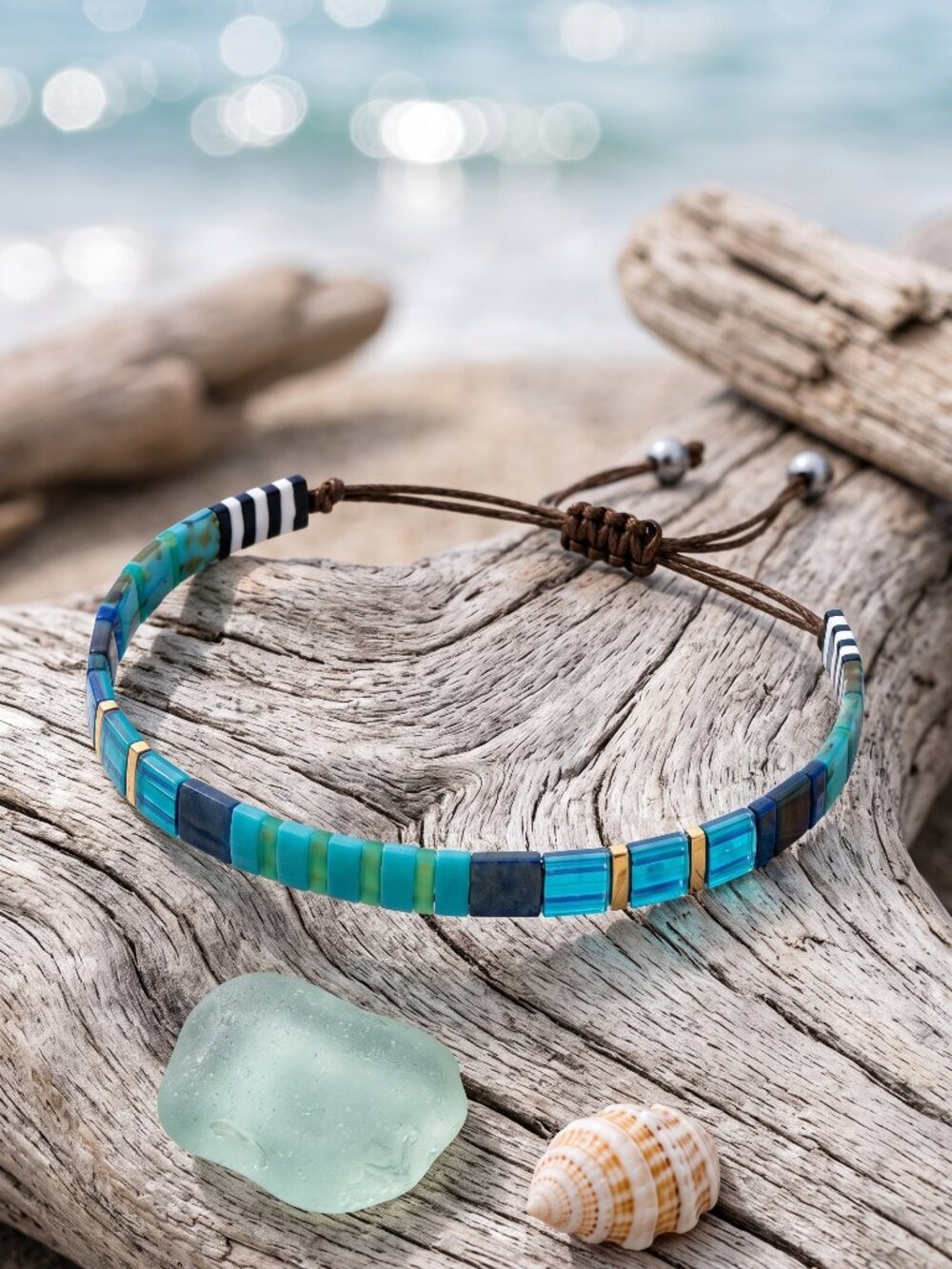Miyuki Tila Glass Bead Bracelet Blue Teal Gold Adjustable Coastal Stacking